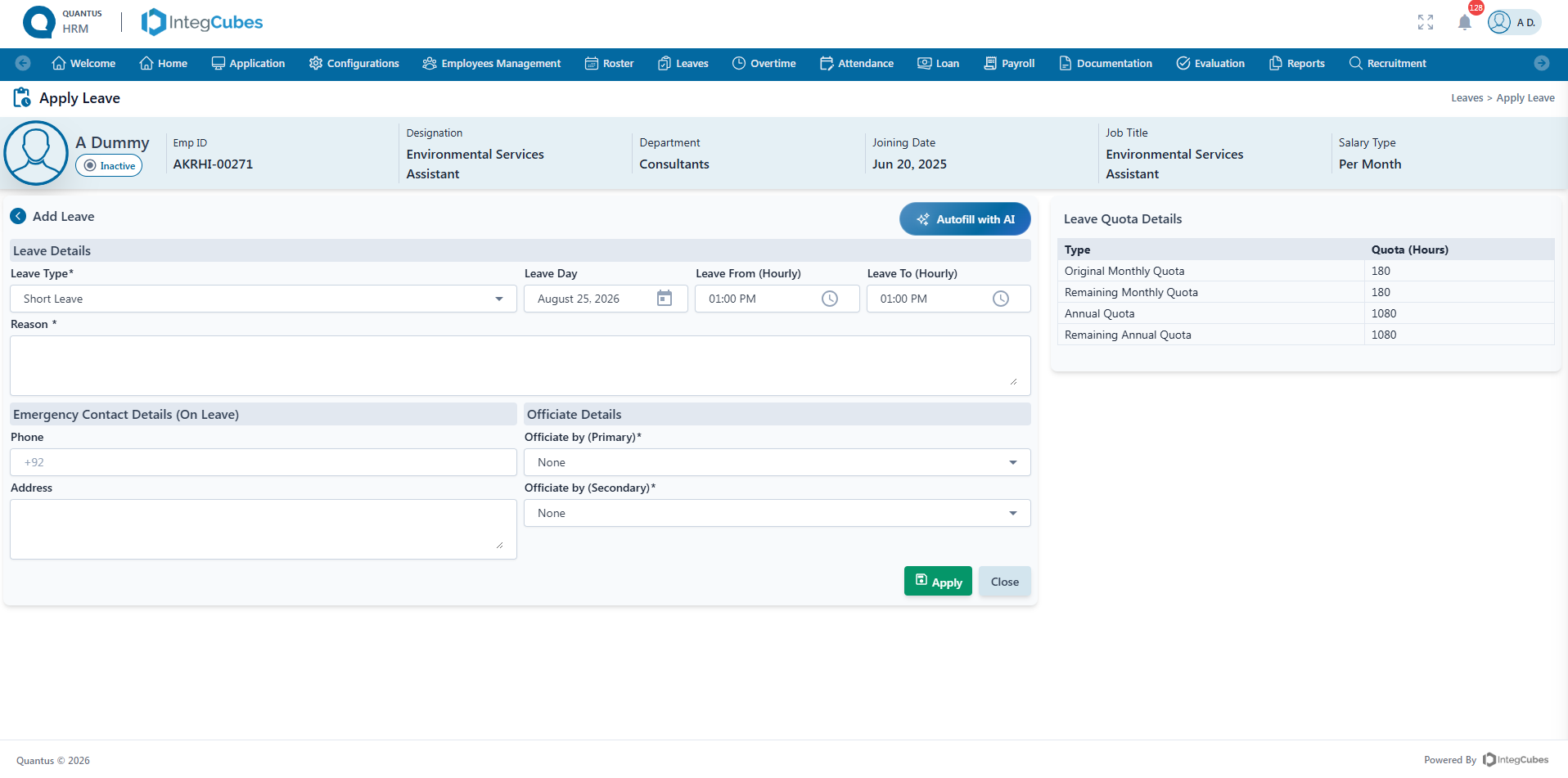 Leave management screen in Quantus Quantus HRM