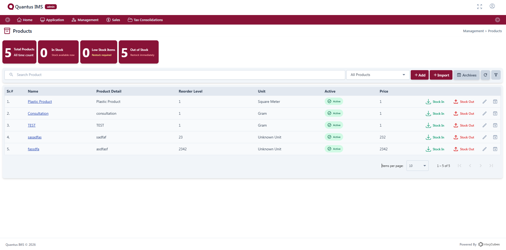 Product catalog & stock tracking screen in Quantus Quantus IMS