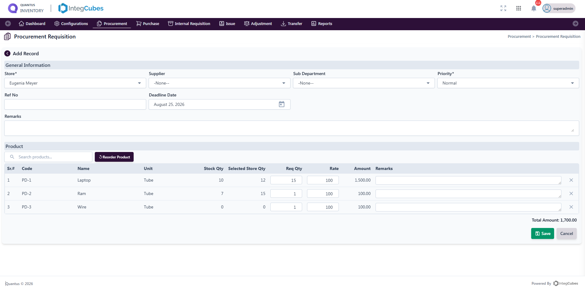 Procurement requisition screen in Quantus Quantus Inventory
