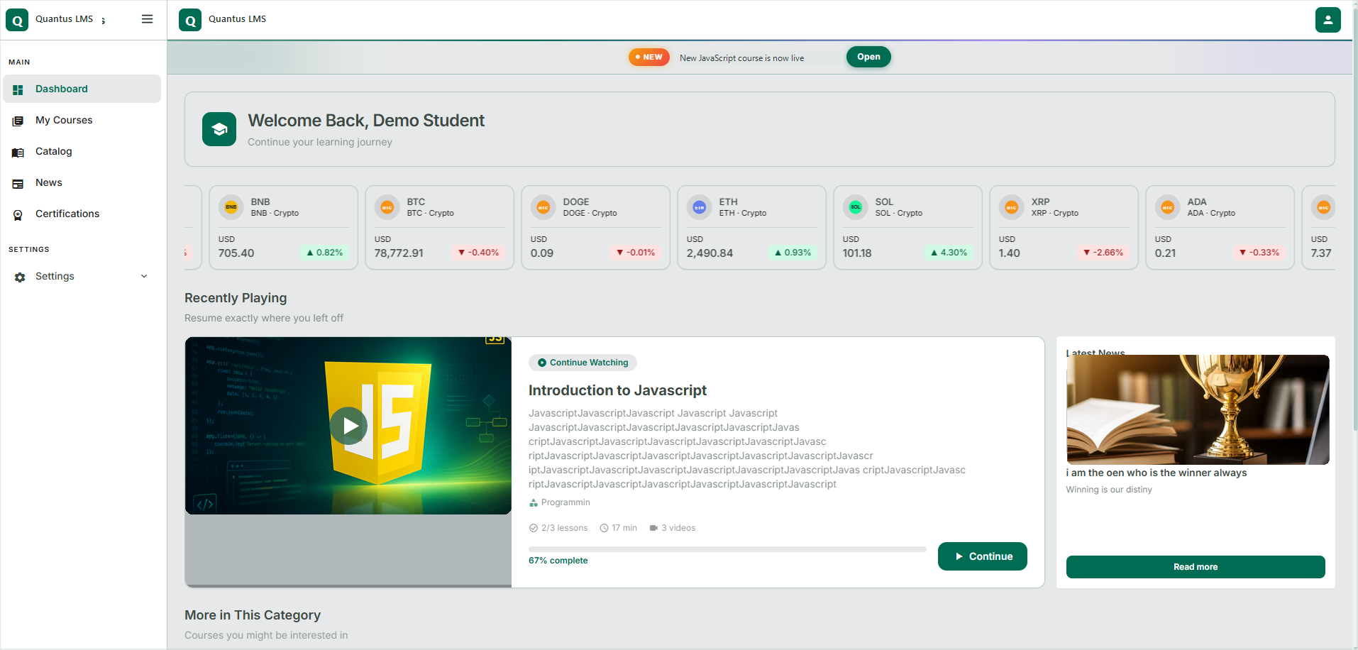 The student home screen in Quantus Quantus LMS