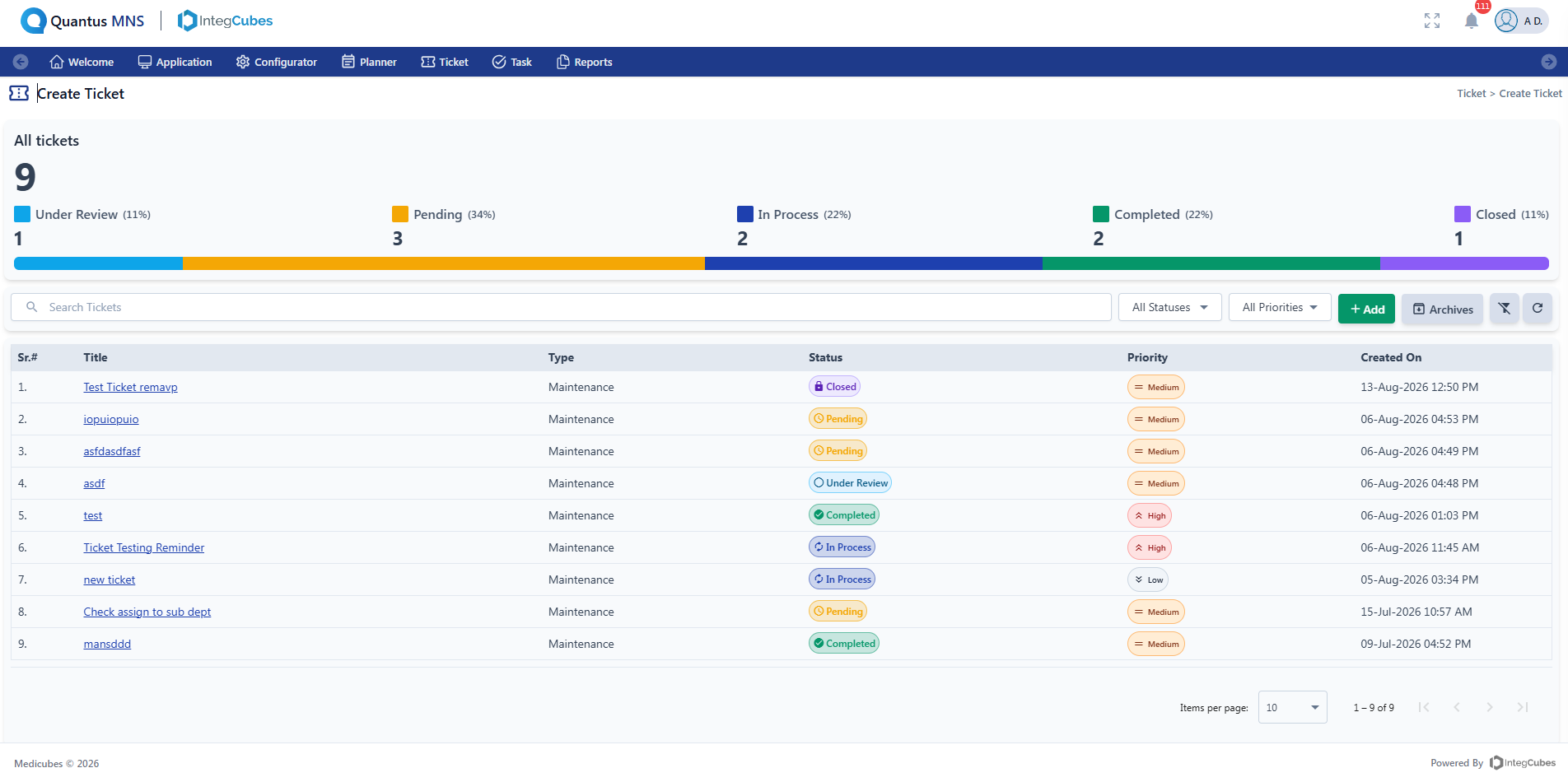 Create ticket screen in Quantus Quantus Maintenance